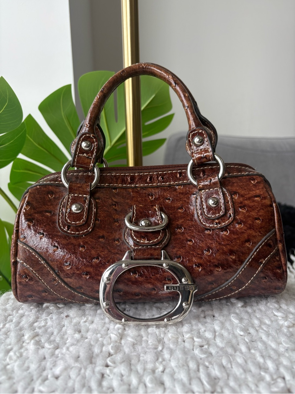 Vintage Y2K GUESS Mini Ostrich Embossed Bowling Bag Brown G Logo Satchel Purse